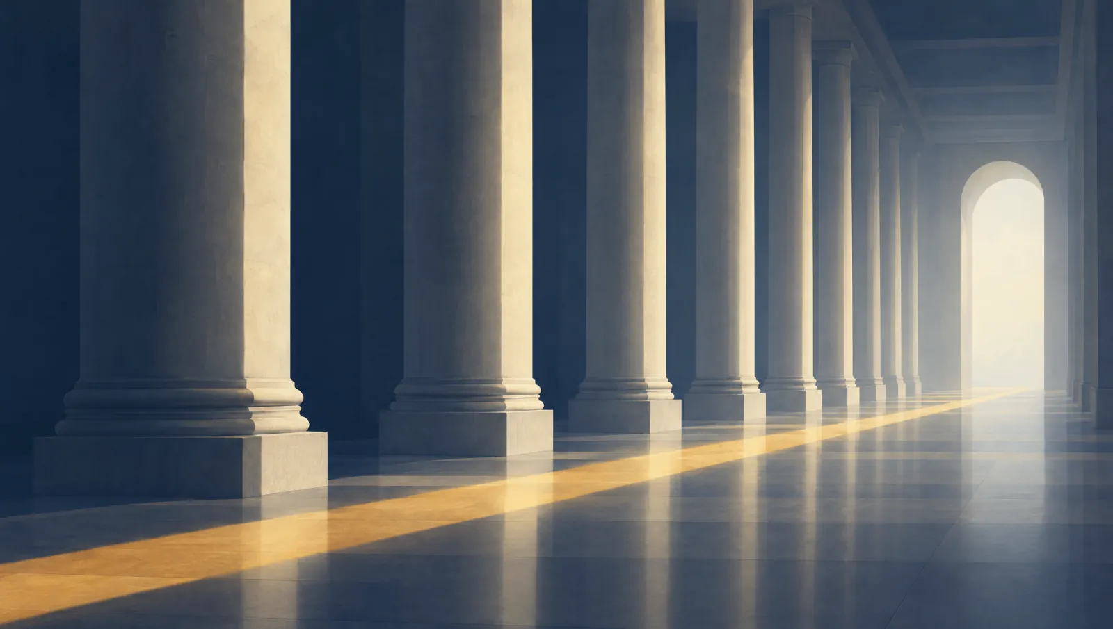 Stylised illustration of a colonnade in soft light; an abstract motif, not IAC premises.